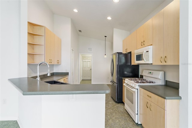 777 Summit Greens Blvd, Clermont, FL 34711 - kitchen featuring white appliances, open shelves, light brown cabinetry, a sink, and lofted ceiling
