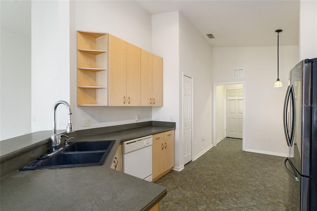 777 Summit Greens Blvd, Clermont, FL 34711 - kitchen featuring freestanding refrigerator, dishwasher, open shelves, a sink, and light brown cabinetry