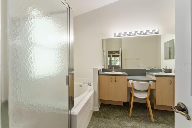 777 Summit Greens Blvd, Clermont, FL 34711 - bathroom featuring a shower stall, a bath, two vanities, and tile patterned flooring