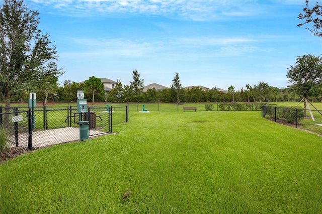 view of yard featuring a dog friendly area and a gate