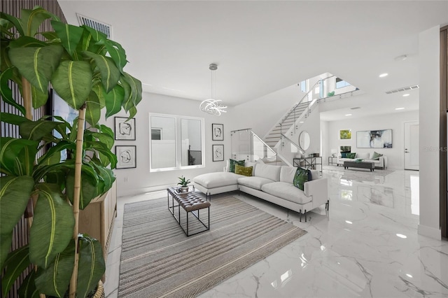 4726 Rivetta Ct, Sarasota, FL 34231 - living area featuring stairway, marble tiled floors, a chandelier, and recessed lighting