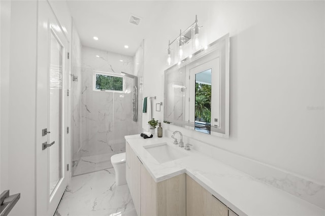 4726 Rivetta Ct, Sarasota, FL 34231 - bathroom with toilet, a marble finish shower, marble finish floors, vanity, and recessed lighting
