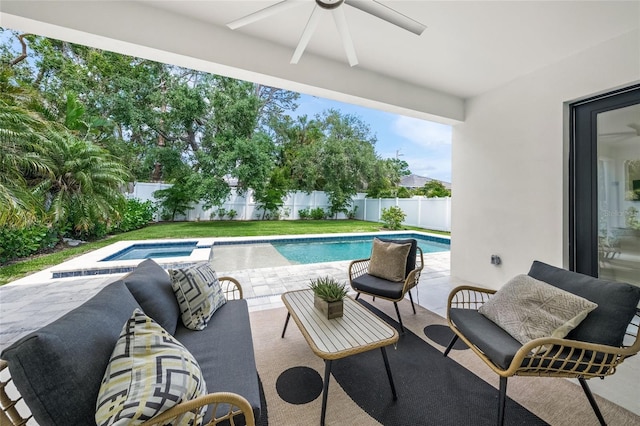4726 Rivetta Ct, Sarasota, FL 34231 - view of pool with an in-ground hot tub, ceiling fan, a fenced backyard, and a patio area