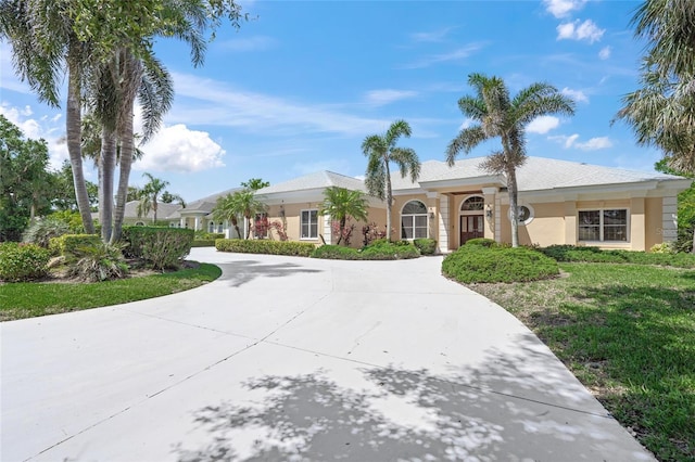 8 Dominica Dr, Englewood, FL 34223 - view of front of house with stucco siding, curved driveway, and a front lawn