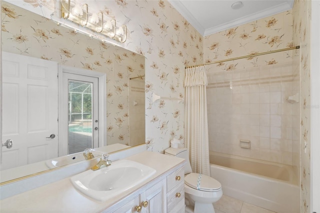 8 Dominica Dr, Englewood, FL 34223 - full bathroom with toilet, crown molding, tile patterned floors, vanity, and shower / bath combination with curtain