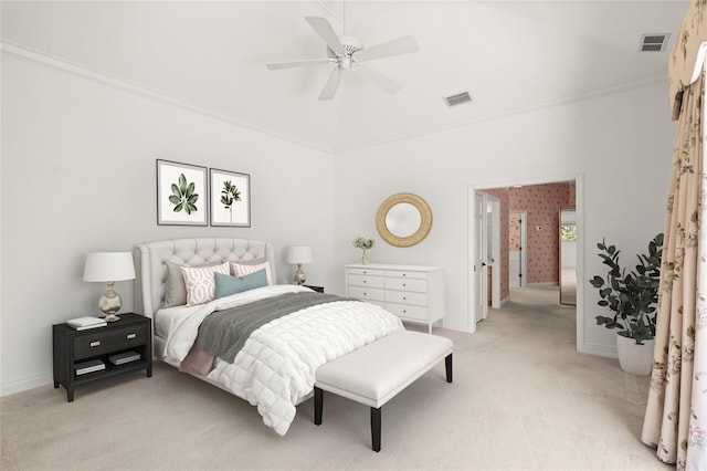 8 Dominica Dr, Englewood, FL 34223 - bedroom featuring light carpet, baseboards, high vaulted ceiling, ornamental molding, and ceiling fan