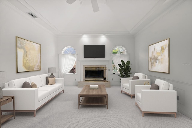 8 Dominica Dr, Englewood, FL 34223 - living room with a ceiling fan, ornamental molding, vaulted ceiling, carpet flooring, and a fireplace with raised hearth
