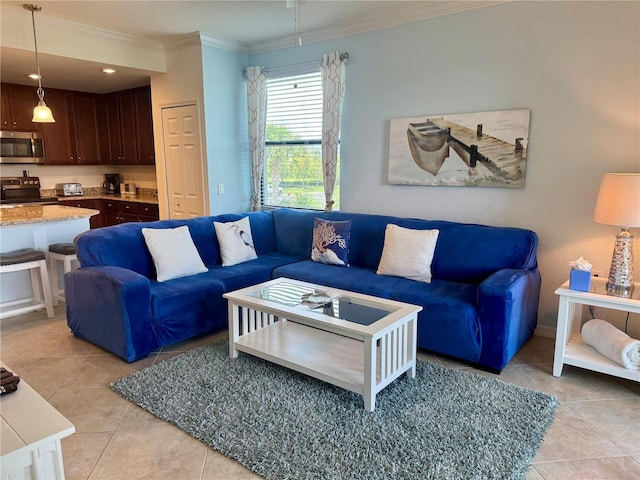 living room with crown molding and light tile patterned floors