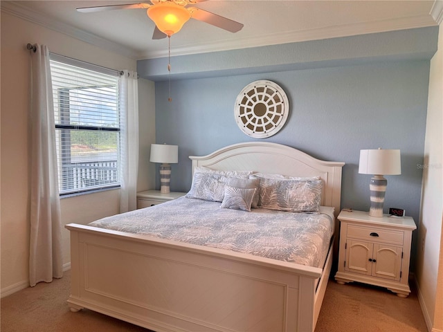 bedroom featuring light carpet, crown molding, baseboards, and a ceiling fan