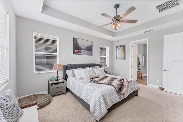 1017 Fernleaf Run, Bradenton, FL 34212 - bedroom with light colored carpet, baseboards, a tray ceiling, and multiple windows