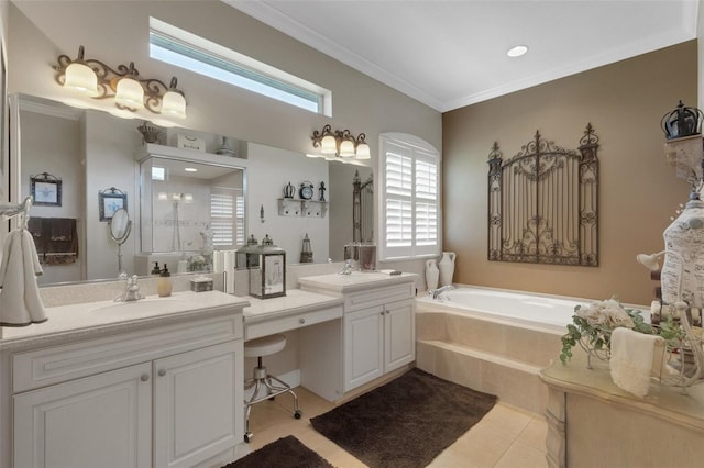 385 165th Ct NE, Bradenton, FL 34212 - bathroom with healthy amount of natural light, a bath, vanity, ornamental molding, and a walk in shower