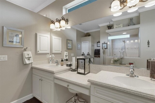 385 165th Ct NE, Bradenton, FL 34212 - bathroom featuring crown molding, a walk in shower, and double vanity