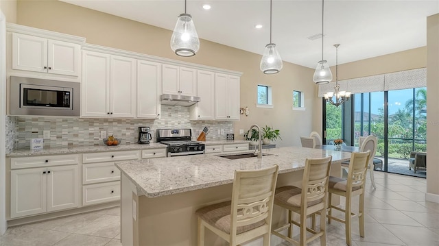 kitchen with stainless steel appliances, under cabinet range hood, a sink, backsplash, and recessed lighting