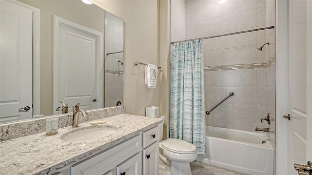 bathroom with toilet, shower / bath combo with shower curtain, and vanity