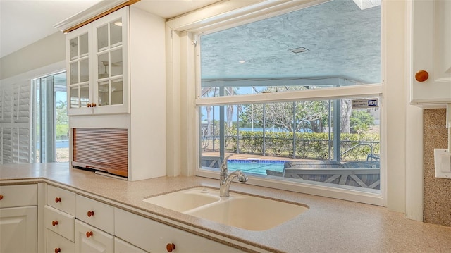 4361 Pompano Ln, Palmetto, FL 34221 - kitchen featuring a sink, healthy amount of natural light, and glass insert cabinets