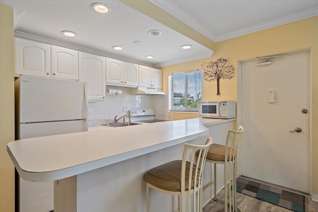 475 Benjamin Franklin Dr Unit 211, Sarasota, FL 34236 - kitchen featuring white appliances, a breakfast bar area, a sink, crown molding, and wood finished floors