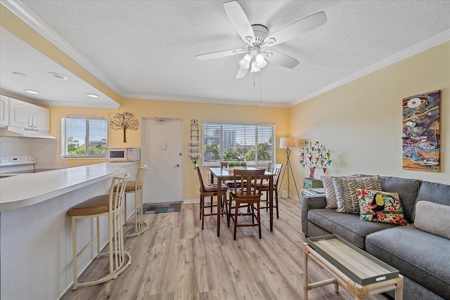 475 Benjamin Franklin Dr Unit 211, Sarasota, FL 34236 - living room featuring plenty of natural light, light wood finished floors, a textured ceiling, ceiling fan, and ornamental molding