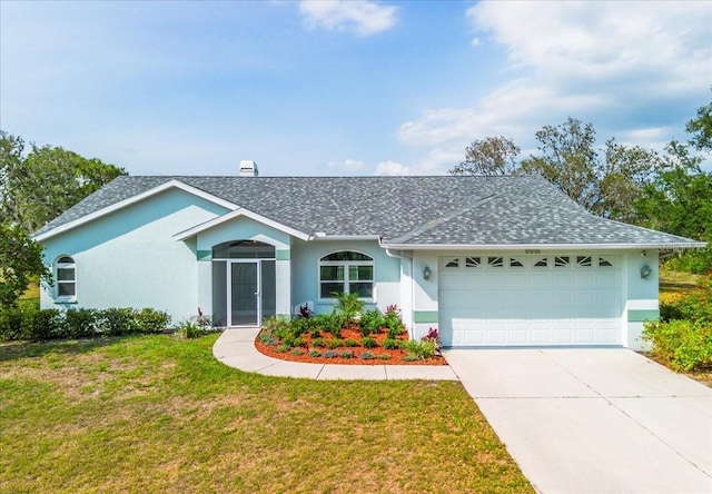 10001 289th St E, Myakka City, FL 34251 - ranch-style house featuring roof with shingles, an attached garage, a front yard, stucco siding, and concrete driveway