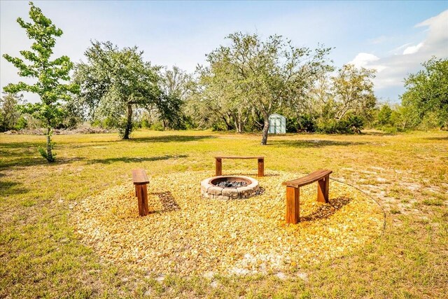 10001 289th St E, Myakka City, FL 34251 - view of grassy yard featuring a storage unit and an outdoor fire pit