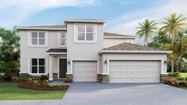 10709 Tippecanoe Pl, Parrish, FL 34219 - view of front of property with stone siding, concrete driveway, stucco siding, and an attached garage