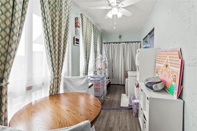 dining area with wood finished floors, ceiling fan, a textured wall, and washer / clothes dryer