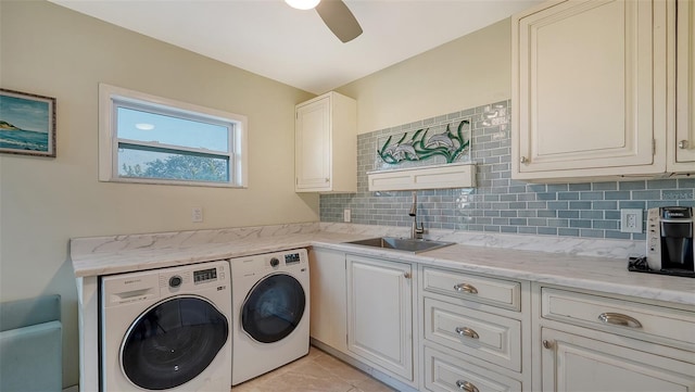 5500 Merrimac Dr, Sarasota, FL 34231 - laundry room with cabinet space, independent washer and dryer, a ceiling fan, and light tile patterned floors