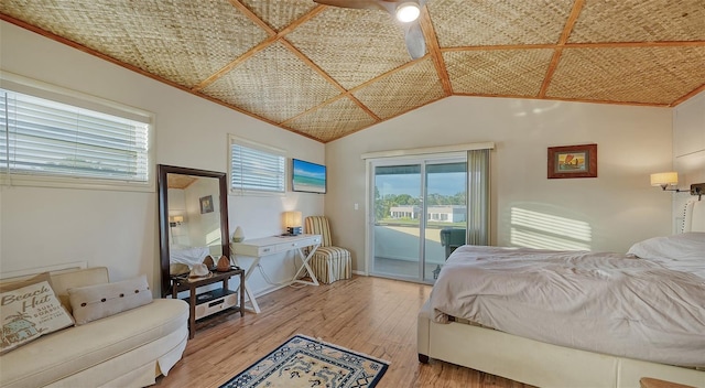 5500 Merrimac Dr, Sarasota, FL 34231 - bedroom with access to outside, wood-type flooring, lofted ceiling, and crown molding