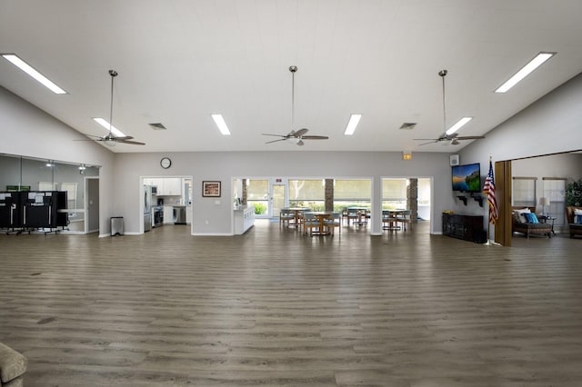 5712 Garden Lakes Dr, Bradenton, FL 34203 - misc room with high vaulted ceiling, a ceiling fan, wood finished floors, and plenty of natural light