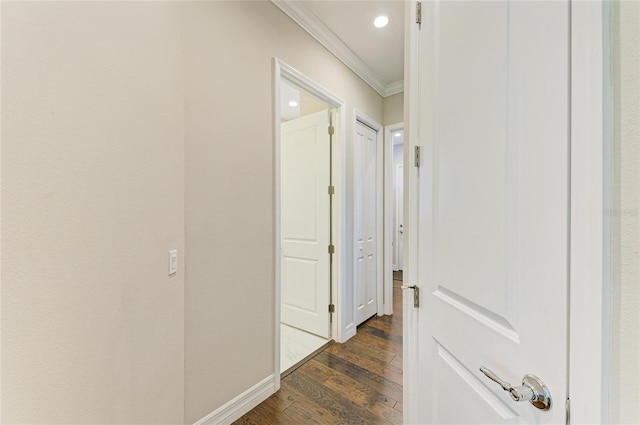 5035 Tobermory Way, Bradenton, FL 34211 - hallway with ornamental molding, dark wood finished floors, recessed lighting, and baseboards