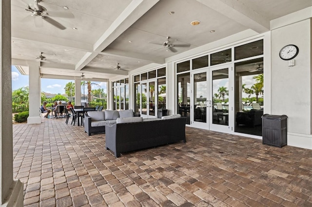 view of patio with a ceiling fan, french doors, and an outdoor hangout area