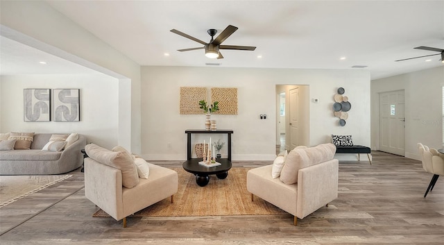 2825 Pinecrest St, Sarasota, FL 34239 - living area with ceiling fan, wood finished floors, recessed lighting, and baseboards