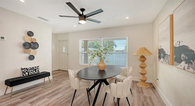 2825 Pinecrest St, Sarasota, FL 34239 - dining room with light wood finished floors, a ceiling fan, baseboards, and recessed lighting