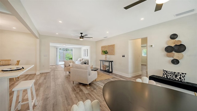 2825 Pinecrest St, Sarasota, FL 34239 - living area with ceiling fan, light wood finished floors, baseboards, and recessed lighting