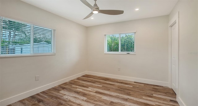 2825 Pinecrest St, Sarasota, FL 34239 - spare room featuring light wood-style flooring, baseboards, ceiling fan, and recessed lighting