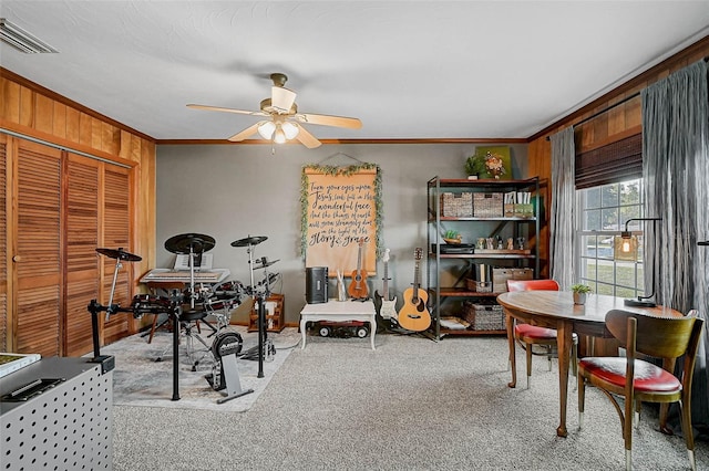 2708 27th Avenue Dr W, Bradenton, FL 34205 - office space with ornamental molding, ceiling fan, carpet, and wooden walls