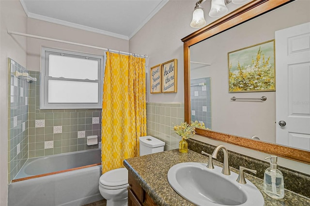 2708 27th Avenue Dr W, Bradenton, FL 34205 - full bathroom with shower / bath combo with shower curtain, vanity, tile walls, and ornamental molding