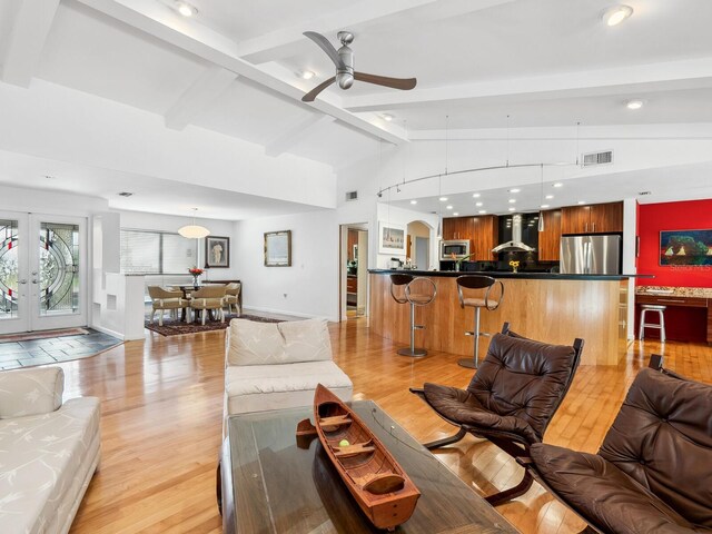 3905 Country View Dr, Sarasota, FL 34233 - living area featuring light wood-style flooring, ceiling fan, french doors, and recessed lighting