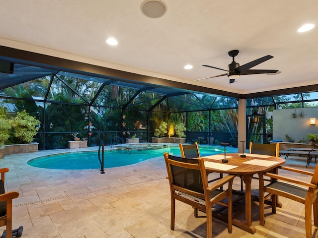 3905 Country View Dr, Sarasota, FL 34233 - view of swimming pool featuring a patio area, a pool with connected hot tub, a ceiling fan, and glass enclosure