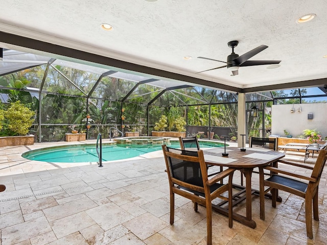 3905 Country View Dr, Sarasota, FL 34233 - view of pool with a pool with connected hot tub, a patio, ceiling fan, and glass enclosure