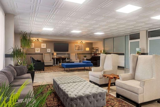 living room with an ornate ceiling