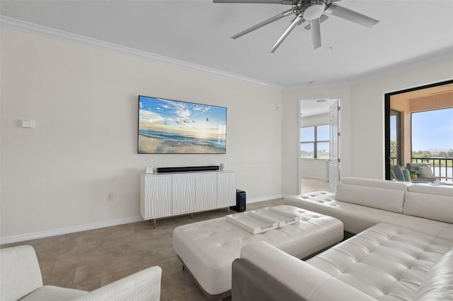 10820 Tarflower Dr Unit 202, Venice, FL 34293 - living area with ornamental molding, ceiling fan, and baseboards