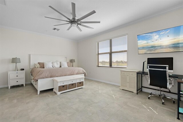 10820 Tarflower Dr Unit 202, Venice, FL 34293 - bedroom featuring crown molding, a desk, baseboards, and ceiling fan