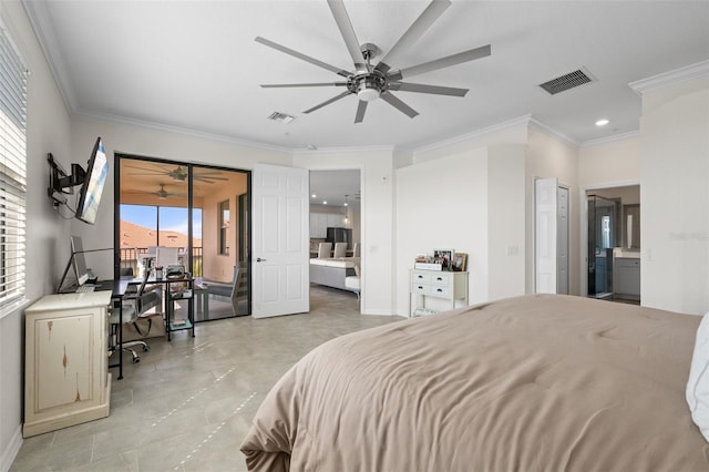 10820 Tarflower Dr Unit 202, Venice, FL 34293 - bedroom featuring crown molding, a desk, ensuite bath, access to outside, and recessed lighting