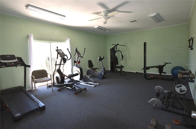 workout area featuring ceiling fan