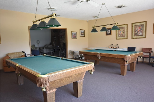 recreation room featuring billiards table, carpet, and ceiling fan