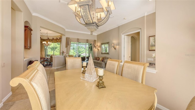 4920 Woodhurst Dr, Sarasota, FL 34243 - dining room featuring a chandelier, crown molding, baseboards, and light tile patterned floors