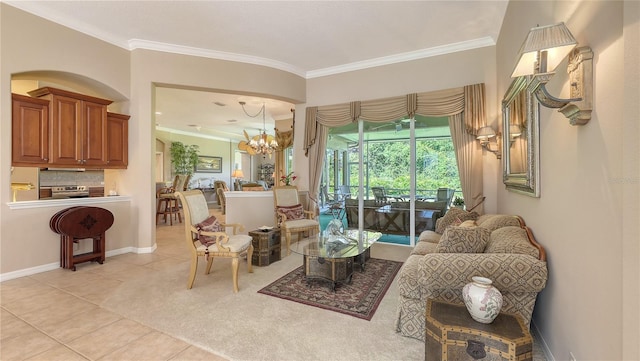 4920 Woodhurst Dr, Sarasota, FL 34243 - living area with ornamental molding, light tile patterned floors, a chandelier, and baseboards