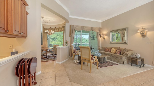 4920 Woodhurst Dr, Sarasota, FL 34243 - living area with a chandelier, ornamental molding, light tile patterned floors, and baseboards