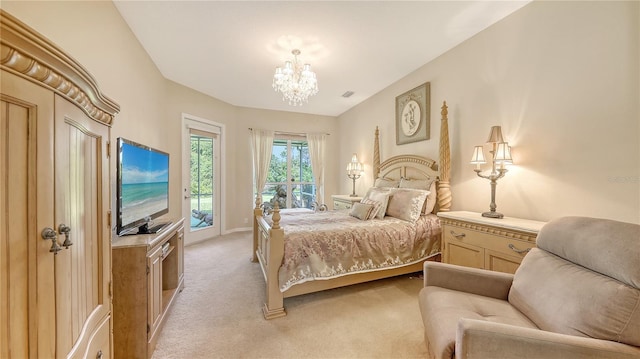 4920 Woodhurst Dr, Sarasota, FL 34243 - bedroom with light colored carpet, access to exterior, a chandelier, and baseboards