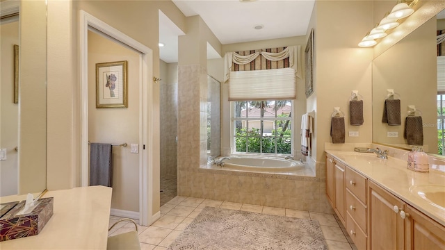 4920 Woodhurst Dr, Sarasota, FL 34243 - bathroom with tile patterned floors, a bath, double vanity, and a tile shower